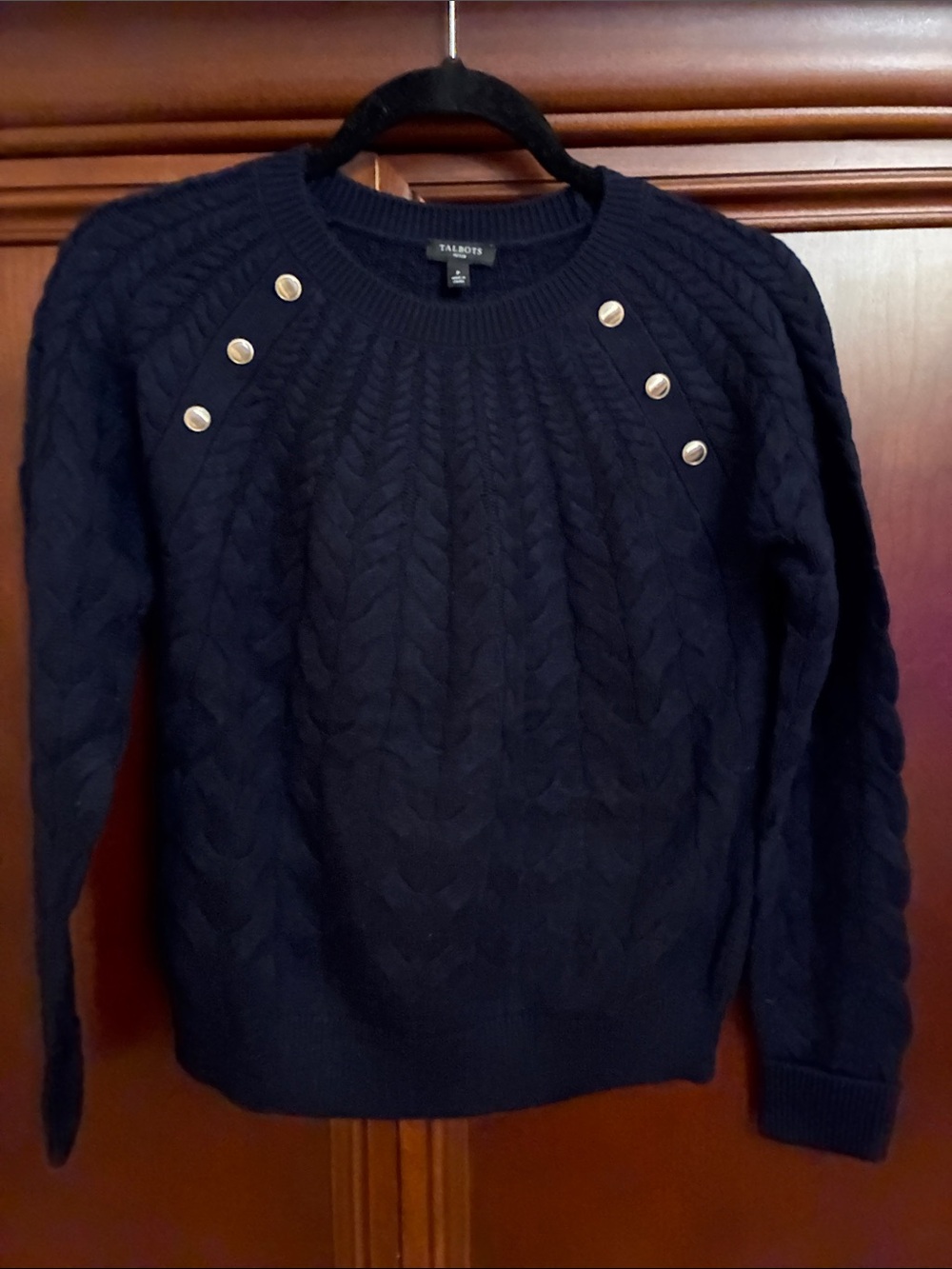 Talbots womens Navy Cable Knit Sweater with Button Detail